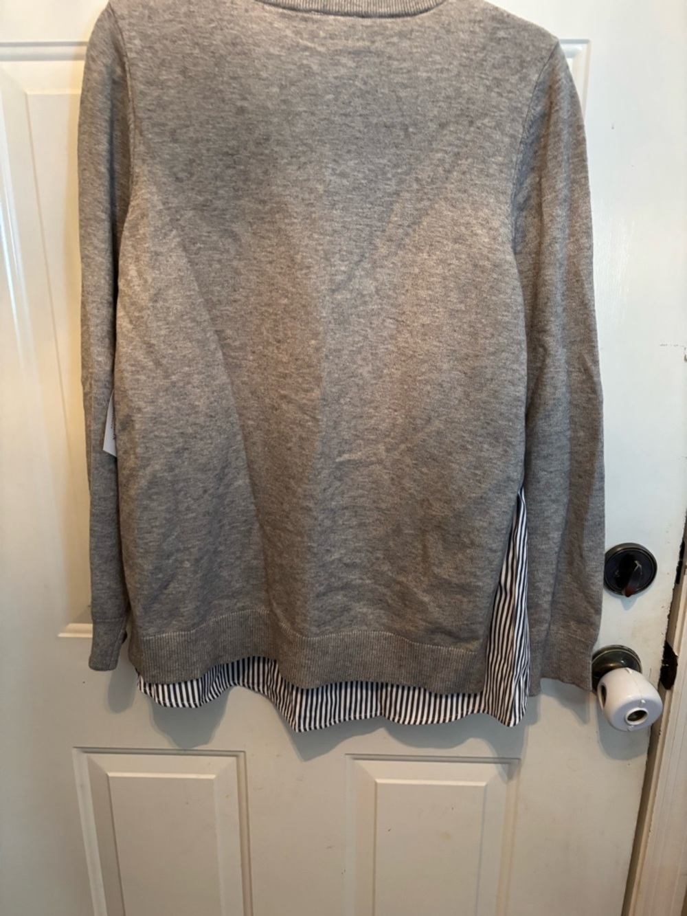 Honey Punch Gray V-Neck Sweater with Striped Hem - Picture 4 of 6